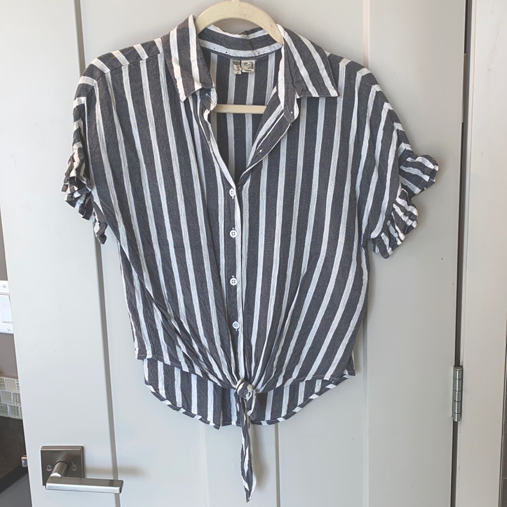 Ruffle sleeve button-up blouse - striped